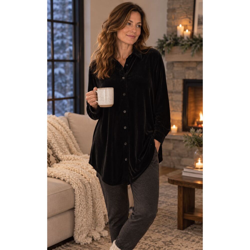Soft Surroundings Velvet Tunic Top Blouse Black Size Medium Button Front LS